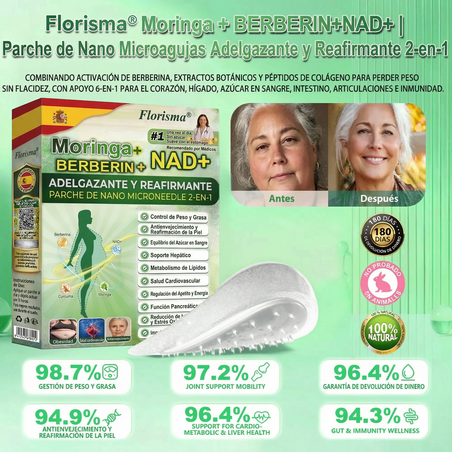 Pago contra entrega [70 % de descuento] Florisma® 👩‍⚕️ Parches microagujeros premium 10 en 1 con moringa y berberina. Indicados para la obesidad, la diabetes, la apnea del sueño y los problemas articulares🥝